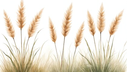 Watercolor painting of pampas grass on white. Beige fluffy plumes and green blades create soft delicate design. Floral artwork evokes nature, rustic charm for decoration in interior design.
