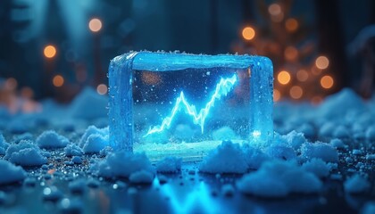 Abstract image displays financial market data chart inside ice cube. Modern concept shows stock exchange trends analysis or economic report in winter. Investment business and crypto currency theme.