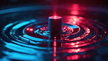 Abstract ripples emanate from central object. Red beam lightens top. Cyan, red neon gradient illuminate surface. Concentric waves form pattern with motion. Digital design shows vibrant energy, sharp