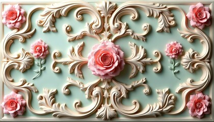 Ornate rococo pattern featuring pink roses on a pale green background. Decorative floral design with a vintage, antique feel. Elegant textured illustration perfect for various uses.