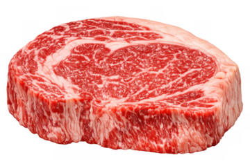 Raw wagyu ribeye steak showing intense marbling, delicious beef cut ready for grilling or cooking, transparent background