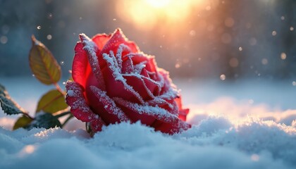 Red rose lies in fresh white snow. Frost covers petals. Golden sunlight shines from background through falling snowflakes. Beautiful flower represents love, passion, fragility in cold winter. Evokes