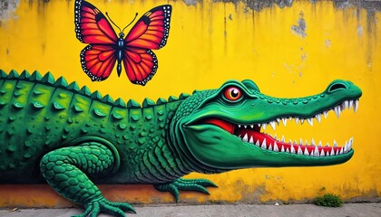 Illustration of alligator with butterfly on yellow wall. Colorful reptile with insect depicts art on street. Artistic painting shows fauna and flora with vibrant hues.