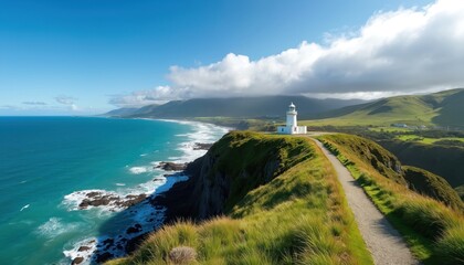 White lighthouse stands on green cliff overlooking vast turquoise ocean. Scenic path leads to building. Waves crash on rocky shore. Distant green hills line beautiful New Zealand coast under bright