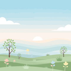 Fototapeta premium Pastel Spring Landscape with Rolling Hills, Trees, and Flowers