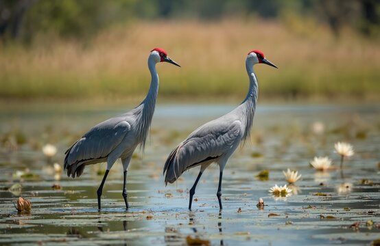 Two Australian Brolga cranes stand in shallow wetland water amongst white water lilies. Long necks, grey plumage contrast with red heads, dark legs. Background shows blurred green, brown vegetation
