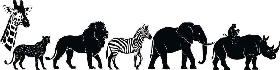 Black silhouette collection of wild safari animals including giraffe lion zebra elephant rhinoceros cheetah and monkey for zoo and nature design © Masuda