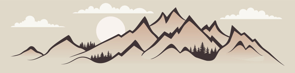 Minimalistic mountain landscape, geometric stylization mountain, sunrise and sun, vector illustration