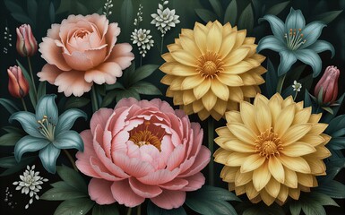 Vibrant flowers in pink, peach, yellow and red bloom against dark green foliage.