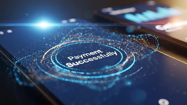 Mobile payment success screen with glowing blue animation