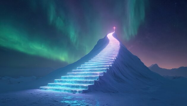 Glowing staircase ascends snowy mountain under night sky. Aurora borealis lights illuminate stairway leading towards red cross. Conceptual art shows future path towards religion, spirituality under