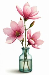 Obraz premium Magnolia flowers in glass vase isolated on white. Floral arrangement with spring blooms, buds on branches. Artistic botanical illustration displays beauty, elegance and freshness of floral art.