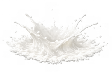 Fresh white milk splash creating a crown shape with liquid droplets and ripples, transparent background