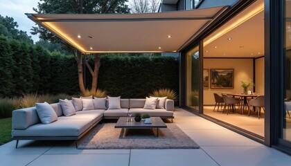 Modern outdoor patio with comfortable sofa pillows, retractable awning. Minimalist garden ambient lighting, glass walls create luxurious atmosphere. Inside reveals dining area with table, chairs.