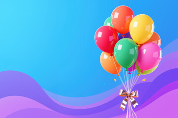 Vibrant balloons with shiny finish and ribbon tied together, celebrating a holiday in a digital art style with wavy purple background and blue sky.