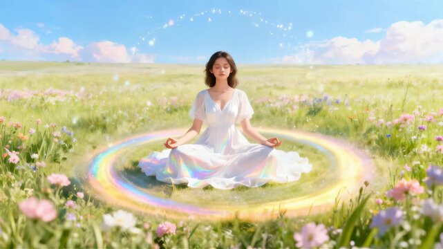 A beautiful young woman sits in meditation pose surrounded by glowing nature and flowing shining energy. Fantasy background