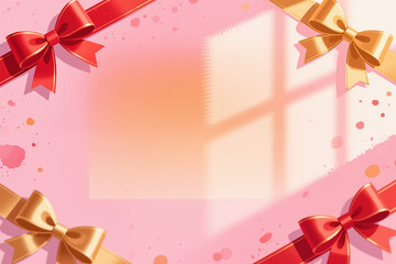Valentines day illustration with soft pink background, gold and red bows, and subtle splatters, creating a festive and elegant atmosphere with a touch of whimsy.