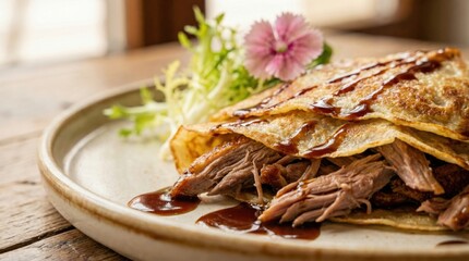Gourmet Pulled Pork Crepes with Savory Sauce and Fresh Garnish.