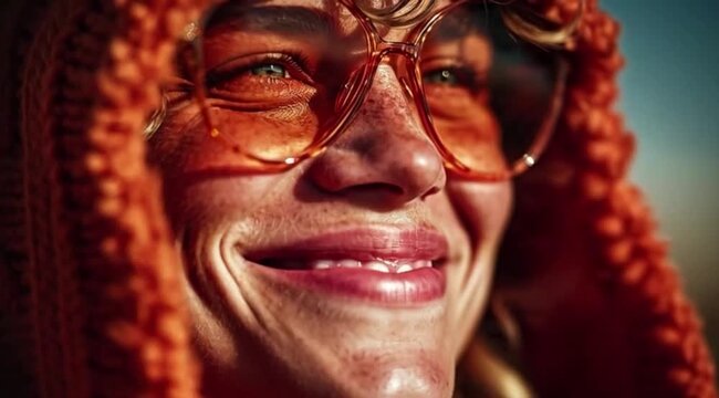 Linda mulher feliz com luz solar no rosto expressando alegria e bem estar