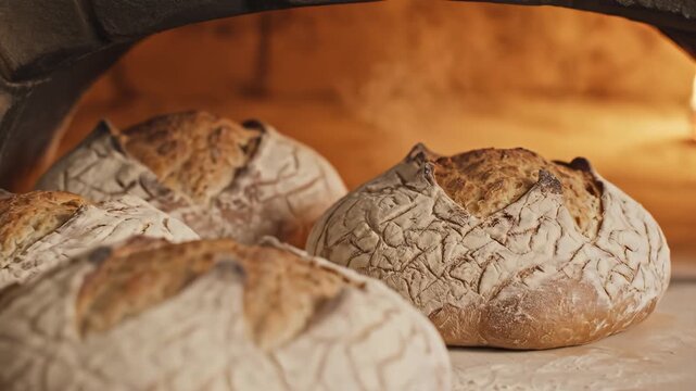 Freshly baked bread in a woodfired oven