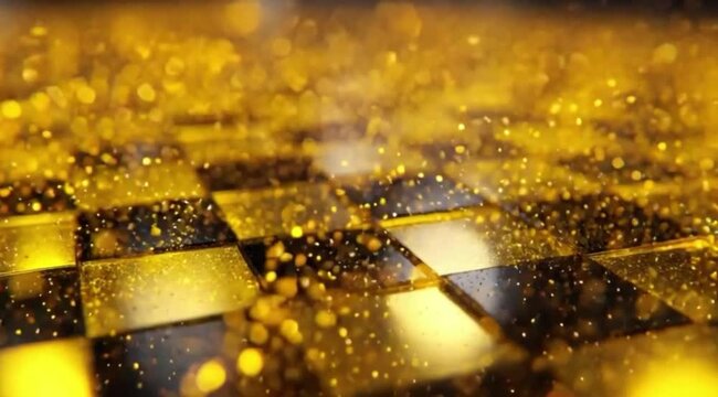 Fundo xadrez preto e dourado com brilho abstrato e particulas luminosas fluindo