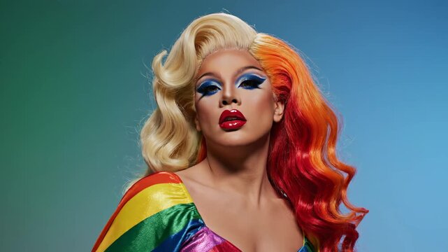 Vibrant Drag Queen with Colorful Rainbow Costume.