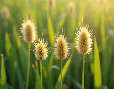 Photo captures detailed view of nut grass in natural environment. Yellow nutsedge with green leaves grows in rice fields. Warm sunlight creates soft focus background.