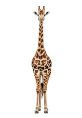 Obraz premium Adult african giraffe standing full-length on a transparent, high-key studio background, featuring ultra-detailed reticulated spots and a long neck, radiating wild majesty concept
