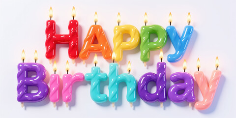 Colorful birthday candles spelling out Happy Birthday in a modern, shiny style on a plain white background, perfect for celebrations.