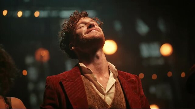 Joyful male artist with arms wide, head tilted back in ecstasy on a dimly lit stage for passionate performance concept and triumphant celebration