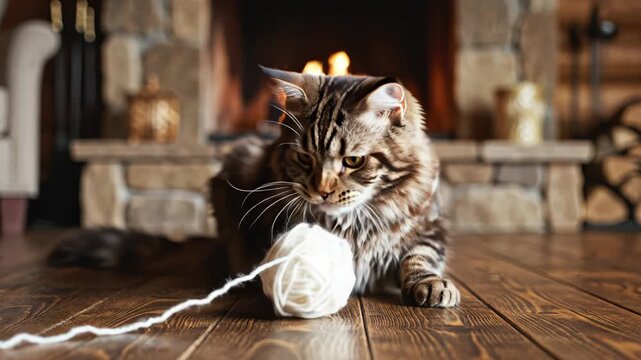 Cat with yarn by fireplace