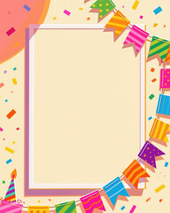 Vibrant birthday scene with blank frame, confetti, and bunting flags in a festive flat design style on a pastel yellow background.