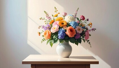 Minimalist digital illustration of a fresh spring bouquet on a table for Mother's Day and birthday greeting cards.