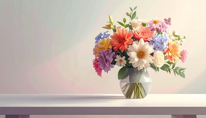 Minimalist digital illustration of a fresh spring bouquet on a table for Mother's Day and birthday greeting cards.