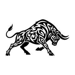 Obraz premium A striking black and white tribal tattoo design of a charging bull with intricate patterns.