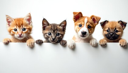 Four cute kittens, puppies peek over blank board in studio. Posing together, looking at camera with white background. Perfect for pet adoption ads. Lovely domestic animals waiting for owner.