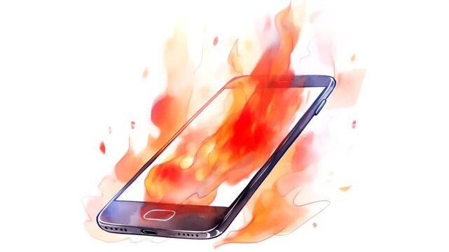 激しく炎上するスマートフォンの水彩イラスト