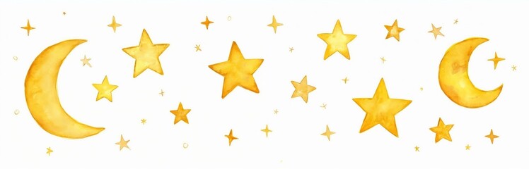 Naklejka premium Watercolor art shows golden moon and stars. This illustration suitable for kids room wall decor or textile print. Sweet design elements for baby shower invitation cards or posters.