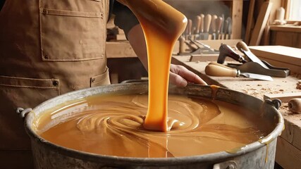 A skilled artisan meticulously stirs a large batch of traditional hide glue or a similar viscous adhesive in a rustic woodworking workshop preparing the essential bonding agent for fine craftsmanship.