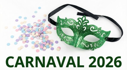 Green Carnival Mask and Confetti for Carnaval 2026 Celebration.
