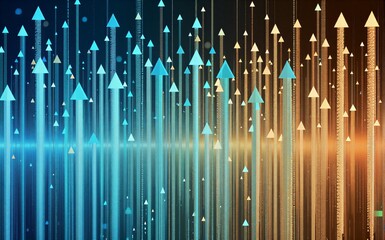 Blue arrows rise upward, symbolizing growth and progress in digital data streams.