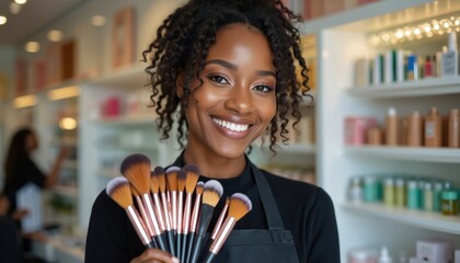 Smiling Black woman holds makeup brushes. Beauty artist pro at work in modern salon studio. Shelves with various cosmetics in background. Welcomes clients with cheerful friendly inviting expression