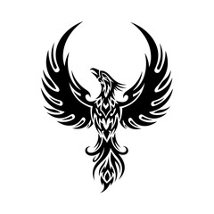 Obraz premium A striking black tribal tattoo design of a phoenix with outstretched wings and a flowing tail.
