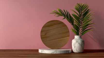Product podium with white marble plate and wooden slice on a pink background, a mockup for presentation design product in a minimal style