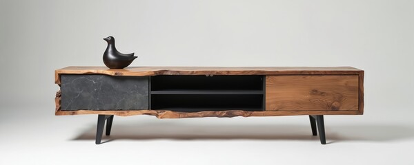 Unique live edge wood media console with stone accent and black legs. Features open shelves and drawer storage. Modern furniture for living room or home office.