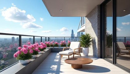 Obraz premium Illustration of modern balcony with city view and flower pots. Bright flowers decorate the urban balcony space. Comfortable furniture creates relaxing area. Summer sunny day at terrace.