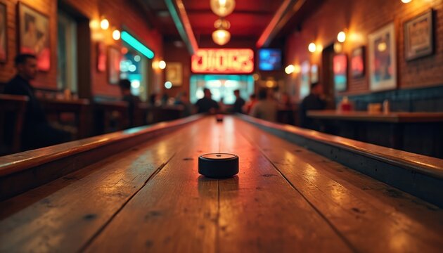 Shuffleboard puck rests on vintage wooden table in dimly lit bar interior. People relax, play game, enjoy drinks. Neon sign glows red over blurred background.