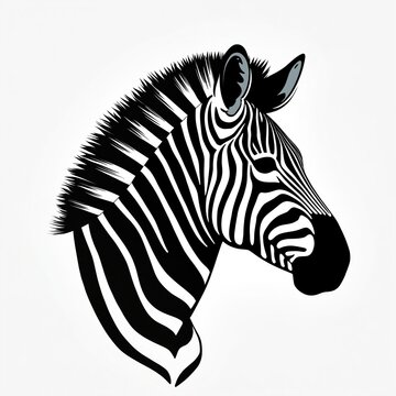 Black and white zebra head illustration isolated. Wild animal design for print or logo. African wildlife concept. Stripe pattern artwork for zoo or safari.