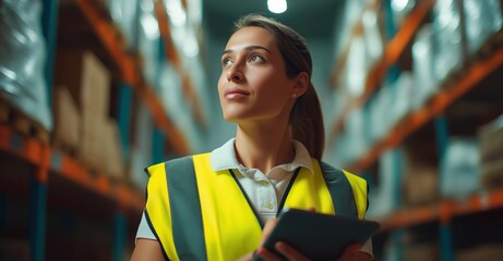 Woman in a high-visibility vest performing inventory check in a large logistics warehouse, focusing on efficient distribution