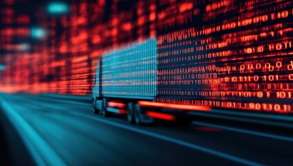 Modern semi-trailer truck driving fast on a digital highway with red binary code background, representing smart transportation technology